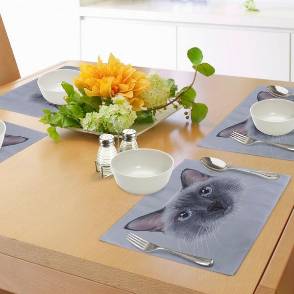 Tovagliette Abakuhaus Con Animali, Ritratto Di Gatto Siamese Thailandese Con Scritta In Stile Retrò, Decorazione Da Tavola In Tessuto Resistente Ai Colori Per La Sala Da Pranzo E La Cucina, Blu Grigio Bianco E-image