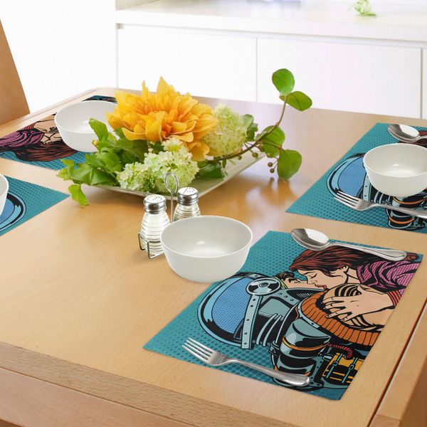 Abakuhaus Tovagliette, Astronauta Bacia Sua Moglie Illustrazione Stampa In Stile Pop Art Vintage Retrò, Tiscjdeco In Tessuto Resistente Ai Colori Per La Sala Da Pranzo E La Cucina, Blu Petrolio E Marrone-image