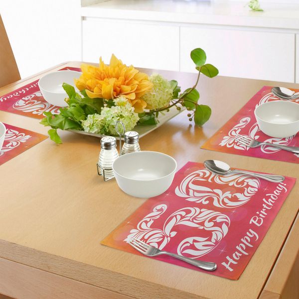 Abakuhaus 50° Compleanno Tovagliette, Sfondo Vivace, Font Stilizzato, Motivi Floreali E Stelle, Stampa Artistica, Tiscjdeco In Tessuto Resistente Al Lavaggio Per La Sala Da Pranzo E La Cucina, Arancione, Bianco, Rosa-image