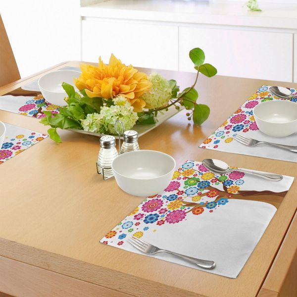 Tovagliette Abakuhaus Con Motivi Floreali, Albero In Fiore Primaverile, Foglie E Petali Vibranti, Stampa Estiva Per Bambini, Decorazioni Da Tavola In Tessuto Resistente Ai Colori Per La Sala Da Pranzo E La Cucina, Multicolore-image