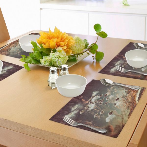 Tovagliette Abakuhaus Space, Oggetti Volanti In Un Cielo Nuvoloso Ufo Alieni Futuristico Fantascienza Stampa A Tema, Tiscjdeco In Tessuto Resistente Al Lavaggio Per La Sala Da Pranzo E La Cucina, Multicolore-image