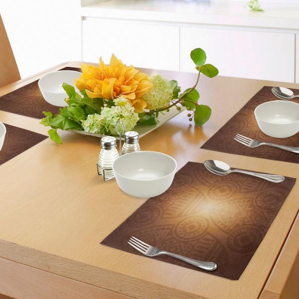 Abakuhaus Tovagliette, Motivi Artistici Africani Con Elementi Floreali E Geometrici, Immagini Di Animali, Tovagliette In Tessuto Resistente Ai Colori Per La Sala Da Pranzo E La Cucina, Giallo Marrone Tan.-image
