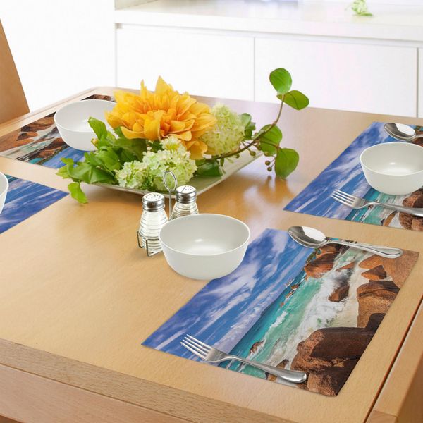 Abakuhaus Tovagliette Tropicali, Costa Rocciosa Esotica Con Onde, Isole Seychelles, Paradiso, Spiaggia, Paesaggio, Tiscjdeco In Tessuto Resistente Al Colore Per La Sala Da Pranzo E La Cucina, Turchese Cannella Blu-image