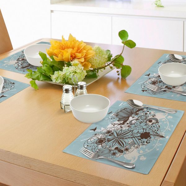 Tovagliette Abakuhaus Grunge, Sfondo Cupo Con Libellule E Fiori Con Motivi Grafici Retrò A Spirale E Petali, Decorazioni Da Tavola In Tessuto Resistente Al Lavaggio Per La Sala Da Pranzo E La Cucina, Marrone Castagna E Azzurro.-image