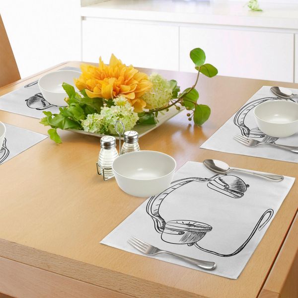 Tovagliette Abakuhaus, Illustrazione Artistica Disegnata A Mano Con Cuffie Da Dj, Ritmo Radiofonico, Arte Hippie Moderna, Tiscjdeco In Tessuto Resistente Ai Colori Per La Sala Da Pranzo E La Cucina, Bianco E Nero-image