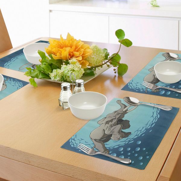 Tovagliette Abakuhaus, Simpatico Elefante Gigante Che Nuota In Un'immagine Tropicale Con Acqua Dell'oceano, Tiscjdeco In Tessuto Resistente Al Lavaggio Per La Sala Da Pranzo E La Cucina, Blu-Grigio Turchese Tortora-image