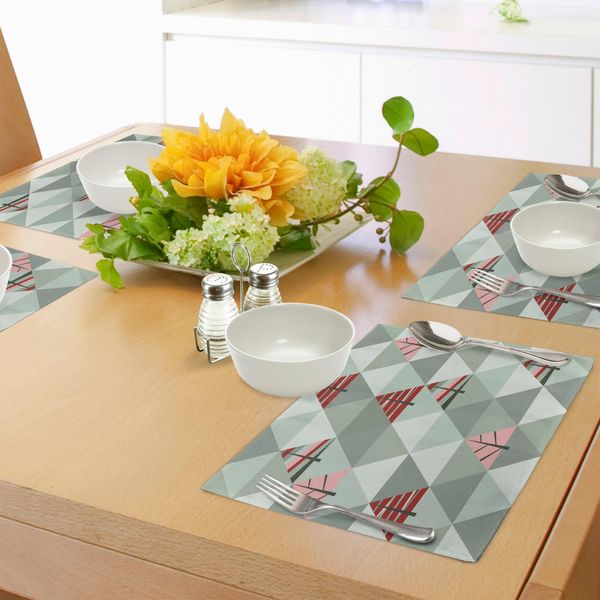 Tovagliette Abakuhaus Grigie, Motivo Geometrico Astratto, Illustrazione Retrò Con Stampa Triangolare Ad Albero, Decorazione Da Tavola In Tessuto Resistente Al Lavaggio Per Sala Da Pranzo E Cucina, Verde Reseda E Rosso Corallo-image