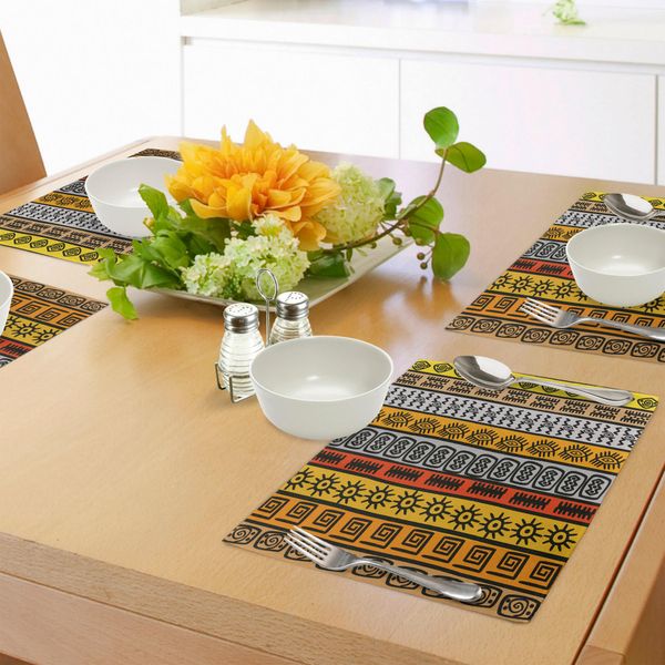Tovagliette Tribali Abakuhaus, Motivi Etnici Africani Con Bordi Disegnati A Mano, Grafica, Tiscjdeco In Tessuto Resistente Al Lavaggio Per La Sala Da Pranzo E La Cucina, Arancione, Giallo E Nero-image