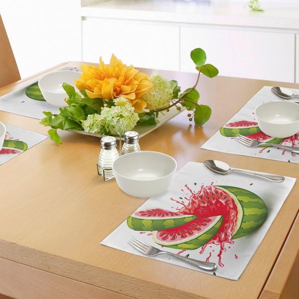 Abakuhaus Tovagliette Moderne, Fette Di Anguria Matura Con Spruzzi Di Succo, Decorazioni Da Tavola In Tessuto Resistente Al Lavaggio Per La Sala Da Pranzo E La Cucina, Verde Felce, Bianco E Rosso-image
