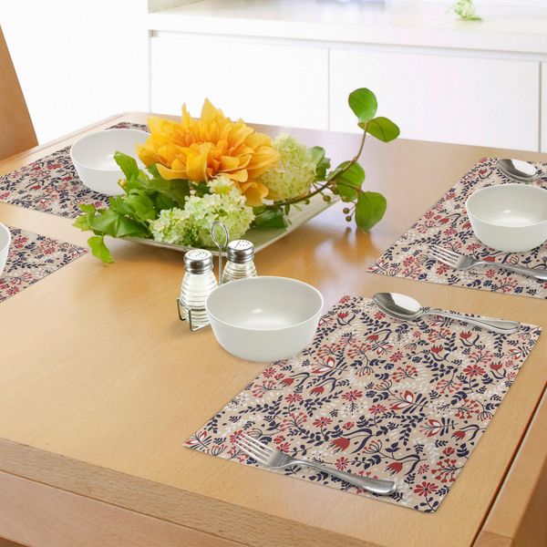 Tovagliette Abakuhaus Con Motivi Floreali, Fiori Astratti E Foglie - Stampa Con Illustrazioni Floreali Etniche, Tiscjdeco In Tessuto Resistente Al Lavaggio Per La Sala Da Pranzo E La Cucina, Bianco, Beige, Rosso-image