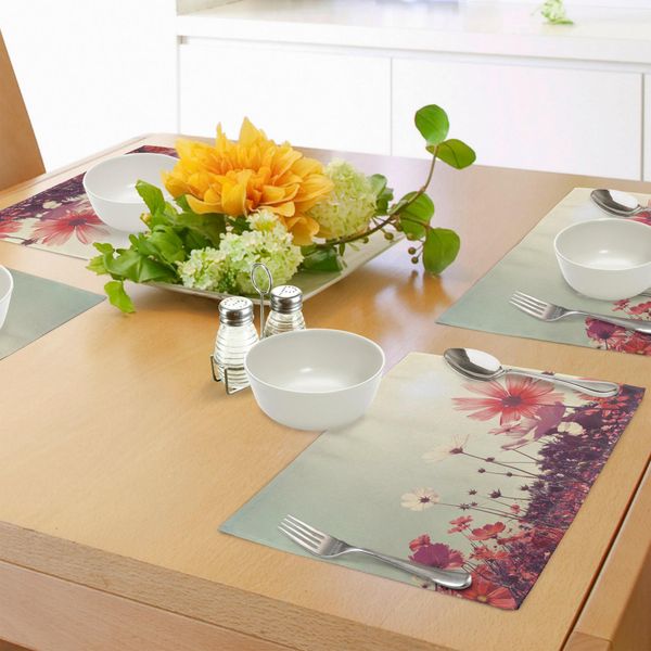 Tovagliette Abakuhaus Con Motivi Floreali, Giardino Fiorito A Cielo Aperto E Grafica Con Uva Da Vino, Tiscjdeco In Tessuto Resistente Al Lavaggio Per Sala Da Pranzo E Cucina, Corallo Scuro E Azzurro Cielo-image