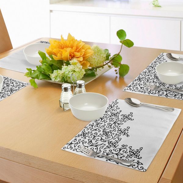 Abakuhaus Tovagliette Astratte, Disegno Floreale A Vignetta, Motivo Artistico In Stile Rococò, Tiscjdeco In Tessuto Resistente Al Lavaggio Per Sala Da Pranzo E Cucina, Bianco E Nero-image