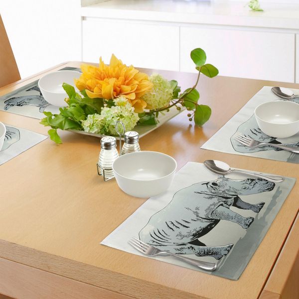 Tovagliette Abakuhaus Con Animali, Illustrazione Di Rinoceronti Africani, Natura Tropicale, Safari, Decorazioni Da Tavolo In Tessuto Resistente Ai Colori Per La Sala Da Pranzo E La Cucina, Verde Chiaro E Azzurro.-image