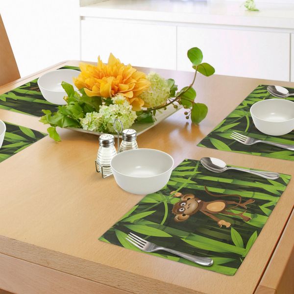 Tovagliette Abakuhaus Con Tema Giungla, Animali Selvatici E Simpatica Illustrazione Di Una Scimmia Nella Giungla, Decorazione Da Tavola In Tessuto Resistente Al Lavaggio Per Sala Da Pranzo E Cucina, Verde Felce E Marrone.-image