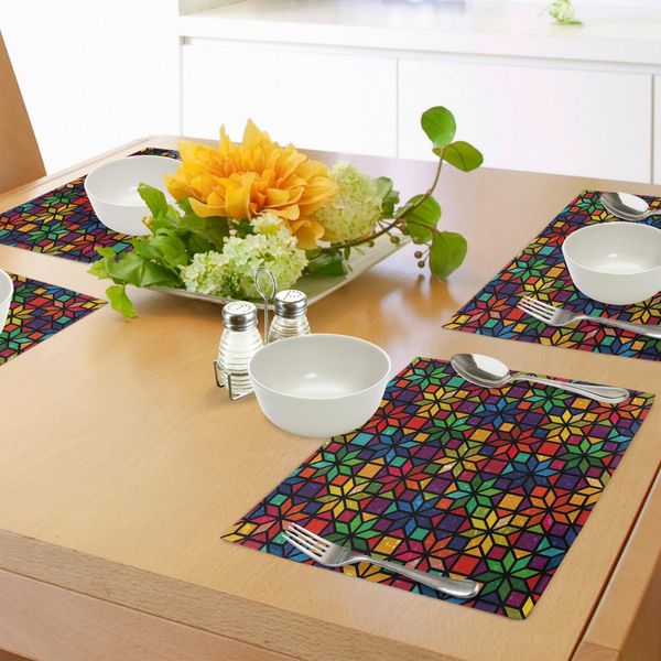 Abakuhaus Tovagliette Geometriche, Ispirate Alle Finestre Di Vetro, Con Stampa Color Arcobaleno E Motivi Floreali, Tiscjdeco In Tessuto Resistente Al Lavaggio Per La Sala Da Pranzo E La Cucina, Multicolore-image