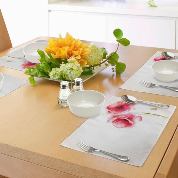 Tovagliette Abakuhaus Con Motivi Floreali, Stagione Primaverile, Fiori Vivaci, Papaveri Rossi, Stampa Artistica Ad Acquerello, Decorazione Da Tavola In Tessuto Resistente Al Lavaggio Per Sala Da Pranzo E Cucina, Verde Chiaro, Rosa E Bianco.-image