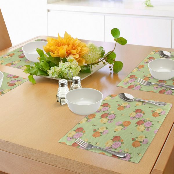 Abakuhaus Tovagliette Shabby Chic, Bouquet Di Rose Vintage Su Sfondo A Pois, Stampa Artistica, Decorazioni Da Tavola In Tessuto Resistente Ai Colori Per La Sala Da Pranzo E La Cucina, Verde Chiaro, Rosa Chiaro, Giallo-image