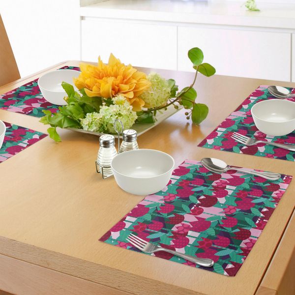 Tovagliette Abakuhaus Con Motivi Floreali, Illustrazione Astratta Con Fiori A Pois E Tulipani Su Sfondo Geometrico, Tovaglietta Decorativa In Tessuto Resistente Al Lavaggio Per Sala Da Pranzo E Cucina, Verde Giada E Rosso-image