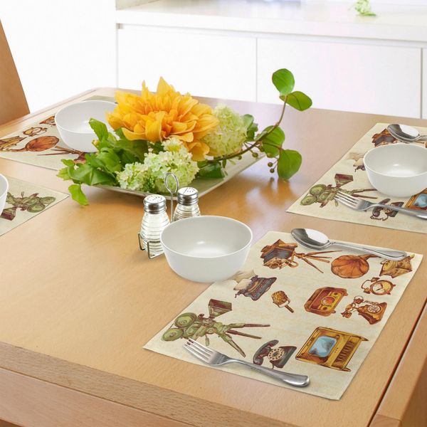 Tovagliette Abakuhaus, Grafica Retrò Con Telefono, Macchina Fotografica, Televisione E Grammofono, Tovaglietta Decorativa In Tessuto Resistente Ai Colori Per La Sala Da Pranzo E La Cucina, Color Caramello Chiaro E Crema.-image