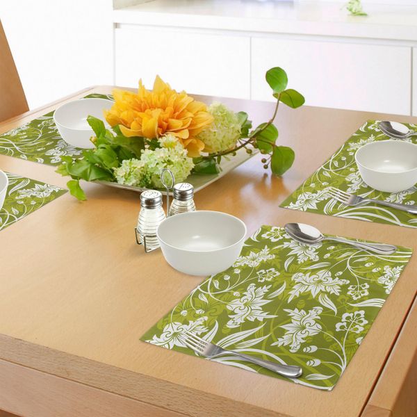Tovagliette Abakuhaus Con Motivi Floreali, Illustrazione Naturale Con Motivi Floreali Su Sfondo Verde, Decorazioni Da Tavola In Tessuto Resistente Al Lavaggio Per La Sala Da Pranzo E La Cucina, Verde Chiaro, Bianco E-image