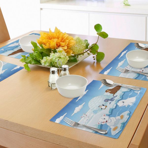 Tovagliette Per Bambini Abakuhaus, Immagine Di Animali Artici: Orsi Polari, Foche, Pinguini, Lupi, Balene, Opera D'arte, Tiscjdeco In Tessuto Resistente Al Lavaggio Per La Sala Da Pranzo E La Cucina, Azzurro Cielo E Bianco.-image