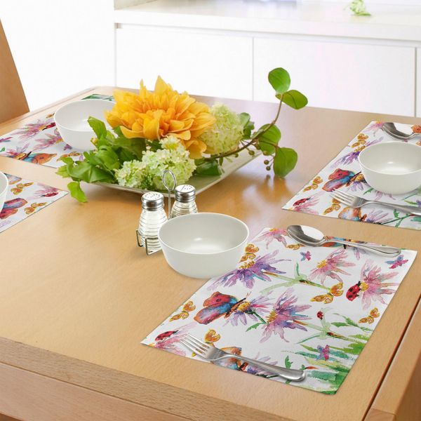 Abakuhaus Tovagliette Shabby Chic, Dipinto A Mano Ad Acquerello Con Boccioli Di Fiori, Farfalle E Coccinelle, Tiscjdeco In Tessuto Resistente Ai Colori Per La Sala Da Pranzo E La Cucina, Multicolore-image