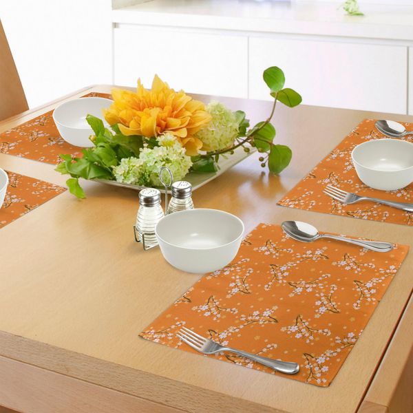 Tovagliette Abakuhaus Con Motivo Floreale, Fiori Di Ciliegio In Fiore Su Rami, Motivo Naturale Primaverile, Decorazione Da Tavola In Tessuto Resistente Al Lavaggio Per Sala Da Pranzo E Cucina, Arancione Bianco Marrone-image