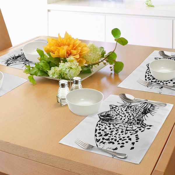 Abakuhaus Tovagliette Abbozzate, Disegno A Mano Di Giaguaro, Profilo Animale, Giungla, Animali, Tema Safari Africano, Decorazione Da Tavola In Tessuto Resistente Al Lavaggio Per Sala Da Pranzo E Cucina, Bianco E Nero.-image