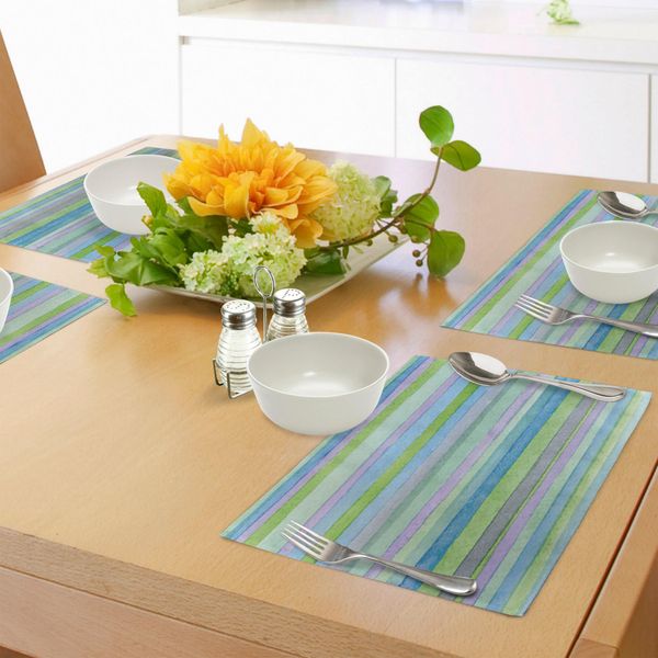 Abakuhaus Tovagliette Blu, Disegno A Mano, Motivo A Strisce Acquerellato, Colori Tenui, Vernice Acrilica, Decorazione Da Tavola In Tessuto Resistente Al Lavaggio Per Sala Da Pranzo E Cucina, Viola, Verde, Blu-image