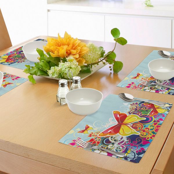 Abakuhaus Tovagliette Colorate, Farfalle E Ornamenti Floreali Fantasy Design Opere D'arte Colorate E Vivaci, Tiscjdeco In Tessuto Resistente Al Colore Per La Sala Da Pranzo E La Cucina, Multicolore-image