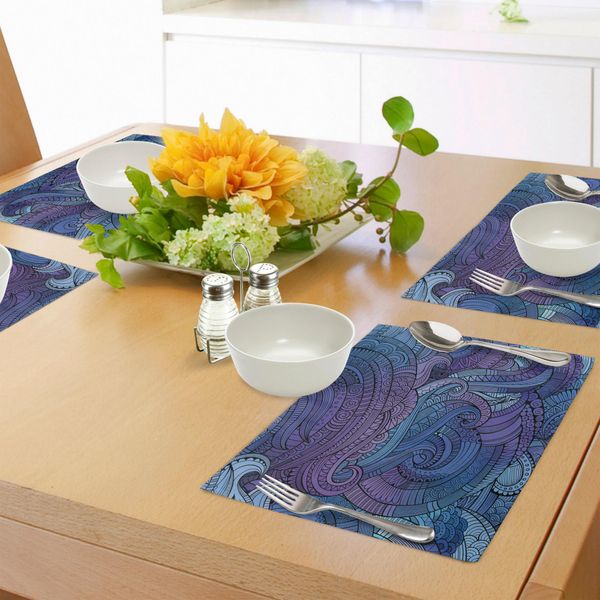 Abakuhaus Tovagliette Astratte, Grafica Ispirata All'oceano Arabesque Paisley Con Motivi Etnici Disegnati A Mano, Tiscjdeco In Tessuto Resistente Al Lavaggio Per La Sala Da Pranzo E La Cucina, Viola Blu-image