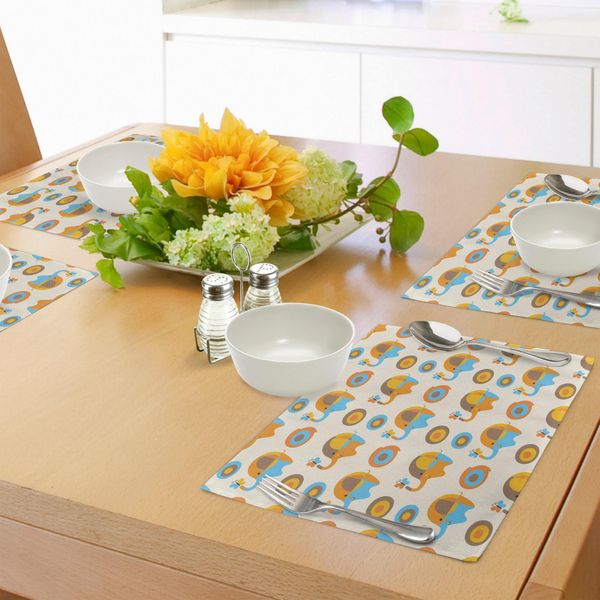 Abakuhaus Tovagliette Moderne, Elefante Astratto Con Farfalle E Cerchi Ovali, Motivo Infantile Kids Print, Tiscjdeco In Tessuto Resistente Al Lavaggio Per Sala Da Pranzo E Cucina, Arancione, Tortora, Blu-image