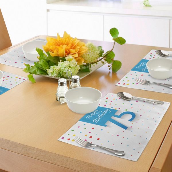 Abakuhaus 75° Compleanno Tovagliette, Pioggia Di Coriandoli Colorati Con Pois Tema Della Festa Scritto A Mano, Decorazioni Per La Tavola In Tessuto Resistente Al Lavaggio Per La Sala Da Pranzo E La Cucina, Multicolore-image