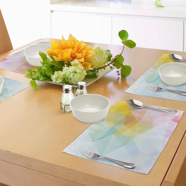 Abakuhaus Tovagliette Astratte, Pallidi Quadrati Colorati Arcobaleno Ombre Moderni E Linee Nitide, Tiscjdeco In Tessuto Resistente Al Lavaggio Per La Sala Da Pranzo E La Cucina, Azzurro, Giallo E Rosa-image
