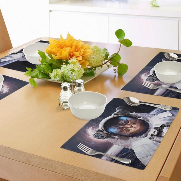 Abakuhaus Tovagliette Con Gatti Spaziali, Gattini Nella Galassia Con Immagini Di Costellazioni, Zodiaco E Animali, Tiscjdeco In Tessuto Resistente Ai Colori Per La Sala Da Pranzo E La Cucina, Blu Scuro E Bianco-image