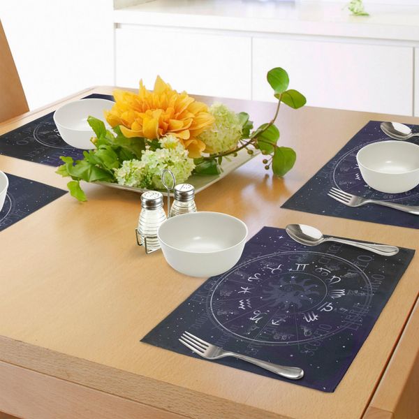 Tovagliette Abakuhaus Astrology, Segni Zodiacali In Forma Di Cerchio Su Sfondo Star Seem Backdrop Print, Tiscjdeco In Tessuto Resistente Al Lavaggio Per Sala Da Pranzo E Cucina, Blu Scuro E Bianco-image