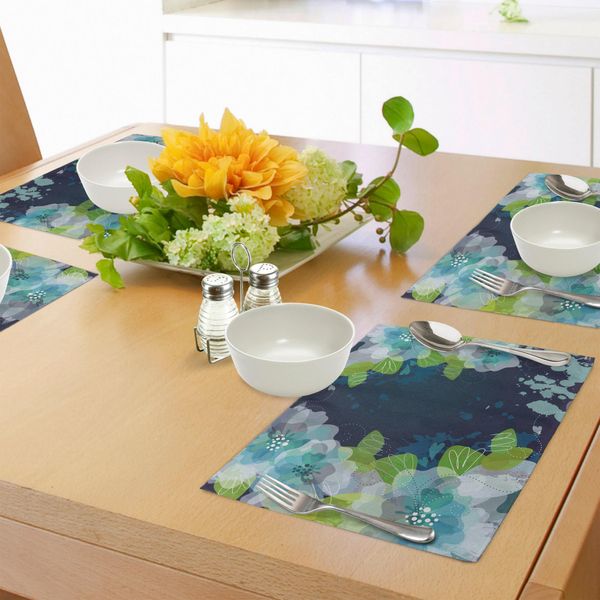 Tovagliette Abakuhaus Marine, Fiori Astratti Fugaci Che Sbocciano Con Foglie Su Sfondo Grunge, Tiscjdeco In Tessuto Resistente Al Lavaggio Per La Sala Da Pranzo E La Cucina, Verde Chiaro, Blu Marino E Bianco-image