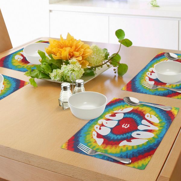 Abakuhaus Tovagliette Anni '70, Pace E Amore Groovy Sixties Tie Dye Cuore Astratto Hippie Rainbow Art, Tiscjdeco In Tessuto Resistente Al Lavaggio Per La Sala Da Pranzo E La Cucina, Multicolore-image