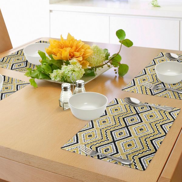 Abakuhaus Tovagliette Etniche, Motivo Tribale Nativo Con Rombi E Stampa A Onde Chevron, Tiscjdeco In Tessuto Resistente Al Lavaggio Per La Sala Da Pranzo E La Cucina, Giallo, Bianco E Nero-image