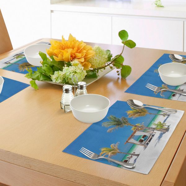 Abakuhaus Tovagliette Tropicali, Lettini Sotto Le Palme Paradiso Costa Vacanze Estate Mare Prendere Il Sole Immagine, Tiscjdeco In Tessuto Resistente Ai Colori Per La Sala Da Pranzo E La Cucina, Multicolore-image