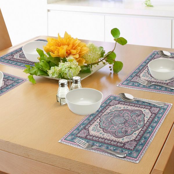 Abakuhaus Tovagliette Etniche, Bohemian Hippie Mandala Arabico Paisley Oriental Asian Design, Tiscjdeco In Tessuto Resistente Al Lavaggio Per La Sala Da Pranzo E La Cucina, Rosa Chiaro, Lilla E Verde-image