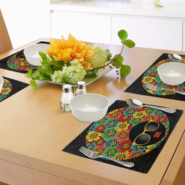 Abakuhaus Tovagliette Anni '70, Ritratto Astratto Di Donna Con Acconciatura, Fiori Colorati, Occhiali Da Sole E Labbra, Decorazioni Da Tavola In Tessuto Resistente Al Lavaggio Per La Sala Da Pranzo E La Cucina, Multicolore-image