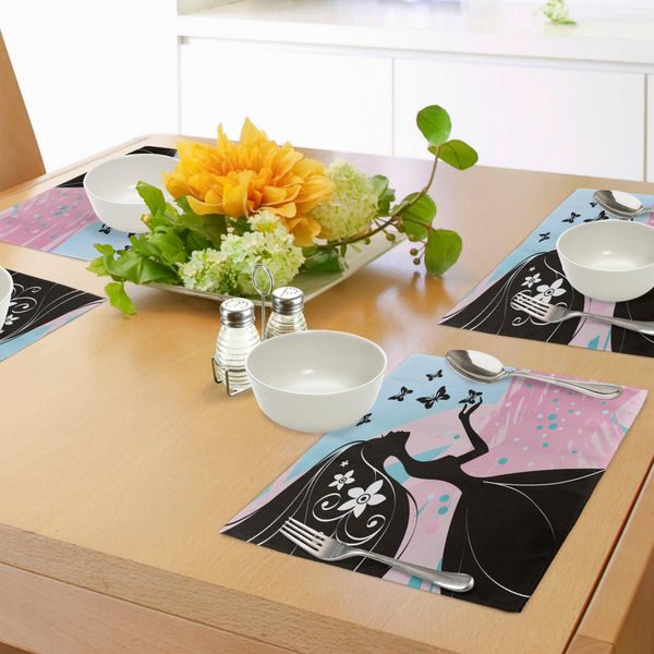 Abakuhaus Tovagliette Primaverili, Silhouette Di Madam Butterfly Floral Head Su Sfondo Morbido, Decorazioni Da Tavola In Tessuto Resistente Al Lavaggio Per La Sala Da Pranzo E La Cucina, Rosa Chiaro, Azzurro, Nero-image