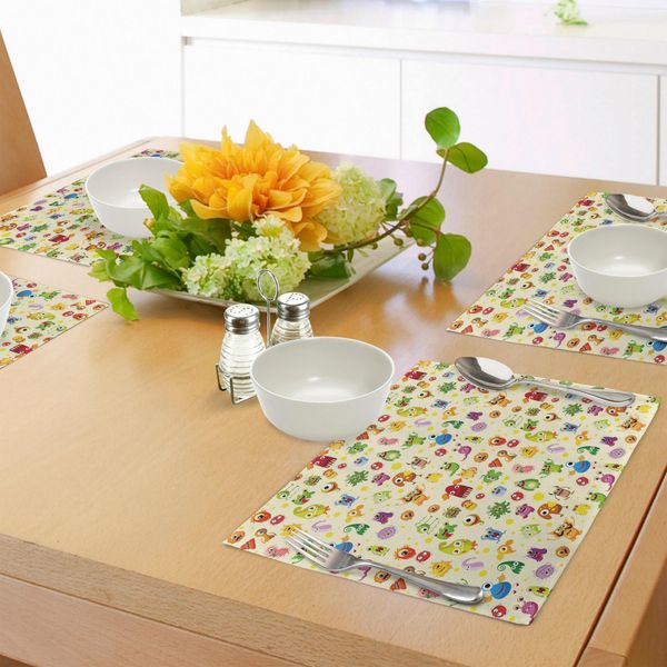 Tovagliette Per Bambini Abakuhaus, Disegni Di Vari Personaggi In Stile Cartone Animato, Mostri Carini, Animali Divertenti E Mutanti, Tiscjdeco In Tessuto Resistente Ai Colori Per La Sala Da Pranzo E La Cucina, Multicolore-image