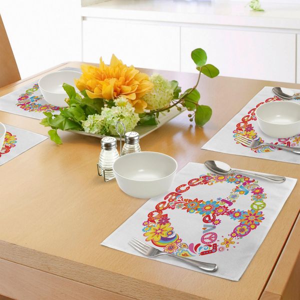 Abakuhaus Tovagliette Anni '70, Simbolo Della Pace Con Fiori Colorati E Arcobaleno, Amore E Gioia, Composizione Festosa, Decorazioni Per La Tavola In Tessuto Resistente Al Lavaggio Per La Sala Da Pranzo E La Cucina, Multicolore-image