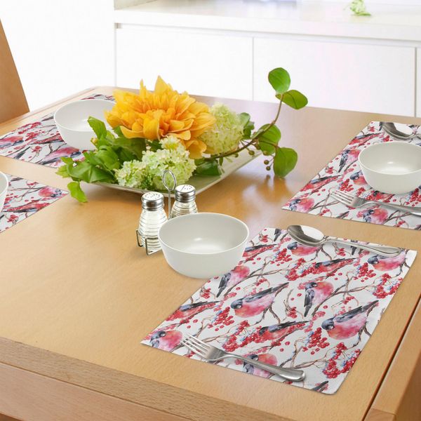 Tovagliette Abakuhaus Natur, Uccelli Fringuelli Su Rami Di Mirtillo - Disegno Acquerellato Primaverile, Tiscjdeco In Tessuto Resistente Al Lavaggio Per La Sala Da Pranzo E La Cucina, Grigio Rosso-image