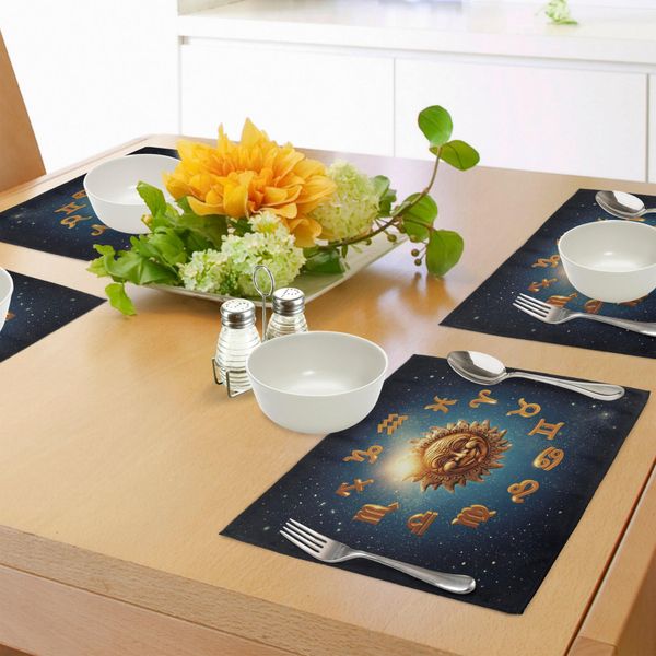 Tovagliette Abakuhaus Astrology, Ancient Signs Circonda Un Sole Lunare Nello Spazio Con Nebbia Di Polvere Di Stelle, Tiscjdeco In Tessuto Resistente Al Colore Per La Sala Da Pranzo E La Cucina, Blu Scuro, Arancione E Blu.-image