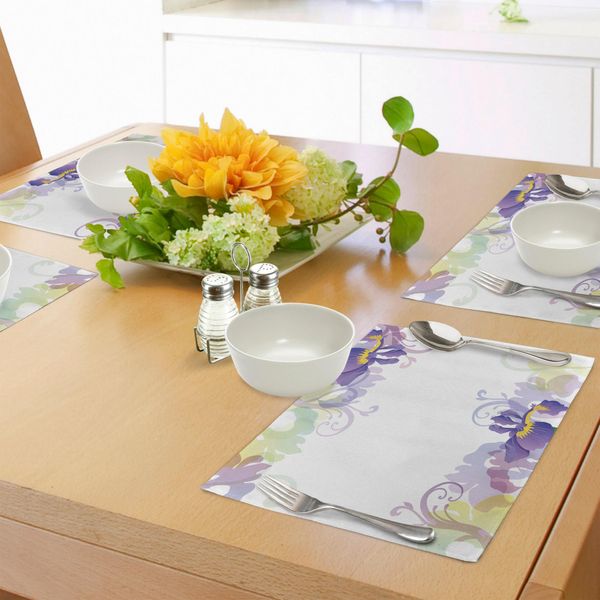 Tovagliette Abakuhaus Con Motivi Floreali, Classico Motivo Floreale In Tonalità Pastello Con Stampa Floreale Primaverile Stagionale, Sottobicchieri In Tessuto Lavabile, Decorazione Da Tavola Con Stampa, Verde Chiaro E Viola.-image