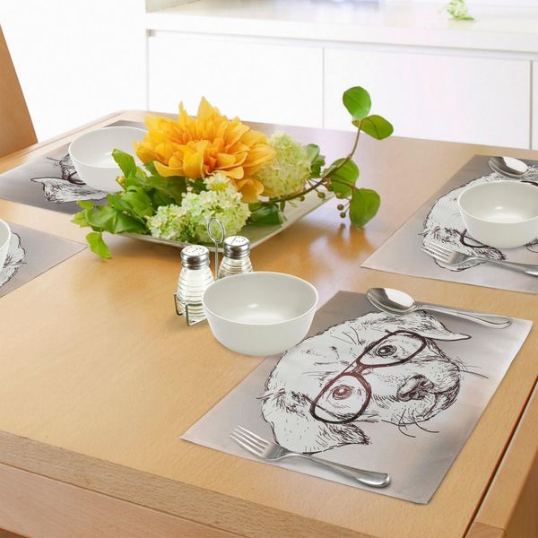 Abakuhaus Tovagliette Moderne, Simpatico Cucciolo Hippie Con Occhiali, Cane Intelligente, Divertente Grafica Con Animali, Tiscjdeco In Tessuto Resistente Al Lavaggio Per La Sala Da Pranzo E La Cucina, Bianco, Marrone, Beige-image
