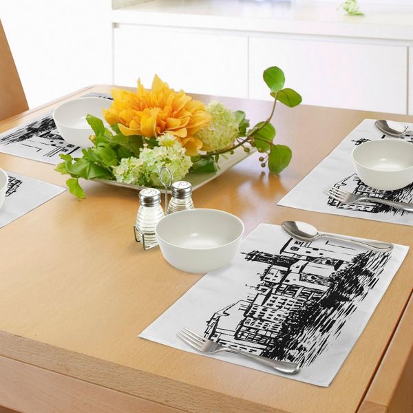 Abakuhaus Tovagliette Europee, Schizzi Della Città Di Venezia, Edifici Storici Disegnati A Mano, Panorama Turistico Della Città, Tiscjdeco In Tessuto Resistente Ai Colori Per La Sala Da Pranzo E La Cucina, Bianco Nero-image
